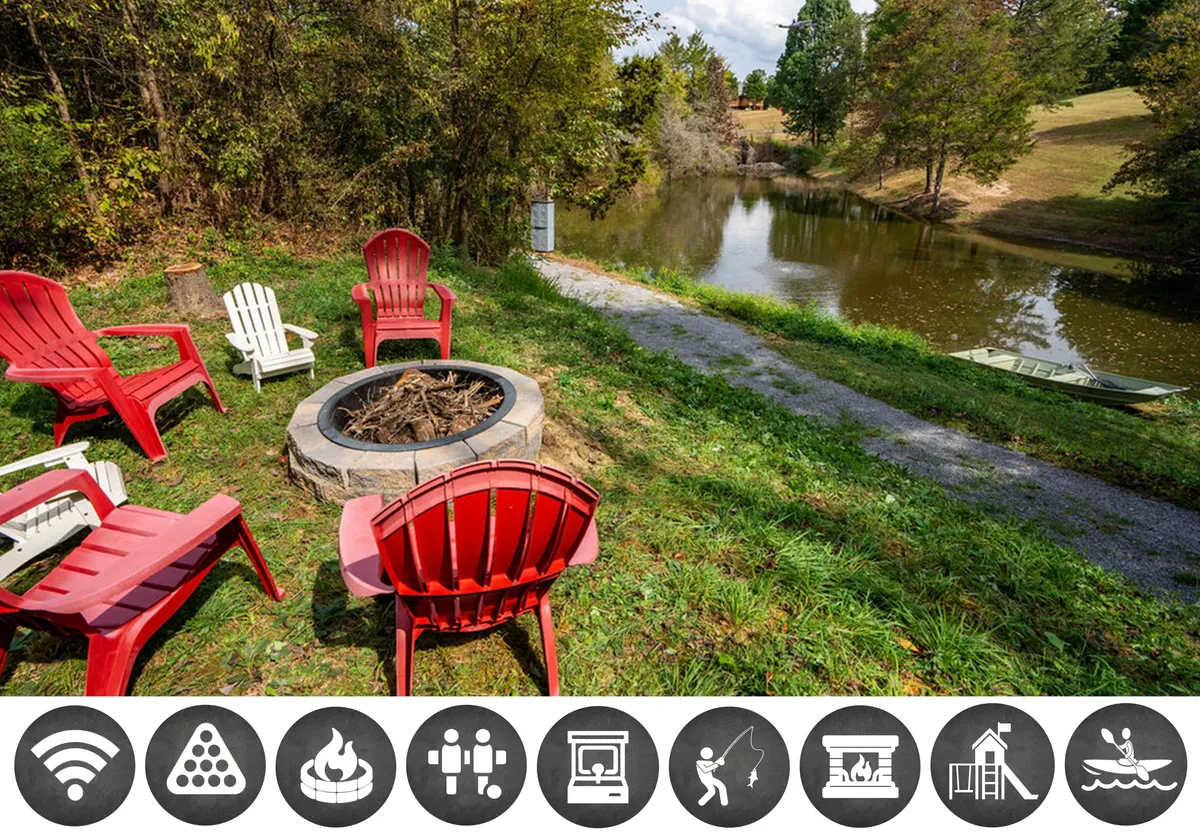 The hero image showcases a serene outdoor scene: a cozy fire pit surrounded by vibrant red Adirondack chairs overlooks a tranquil pond, encircled by lush, wooded trees. The setting suggests a perfect spot for gathering with friends or family to enjoy a sunset, roast s’mores, or unwind by the calm water after a day of Smoky Mountains adventures.